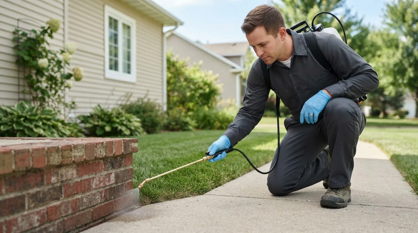 Pest control technician treating a home near North Pomfret, VT